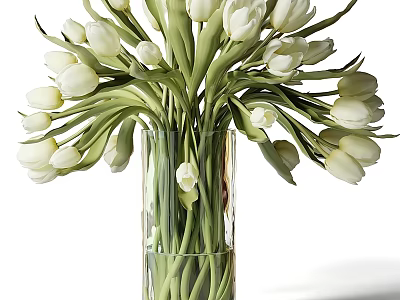 Fresh White Tulips in Transparent Glass Vase with Green Stems and Water 3d model