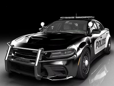 Black Police Car With Roof Mounted Police Lights Front Bumper Guard And Side Logo 3d model