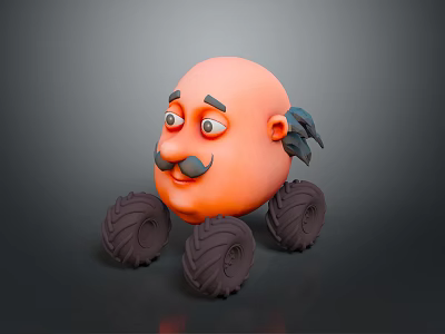 Kids Playful Cartoon Character Toy Car With Bald Head Mustache Big Eyes And Four Tires 3d model