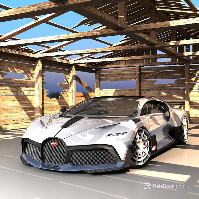 Luxury Silver Sports Car Parked In Wooden Garage With Open Roof Structure 3d model 