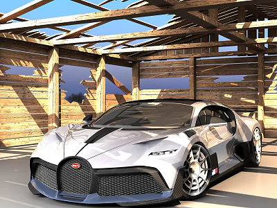 Luxury Silver Sports Car Parked In Wooden Garage With Open Roof Structure 3d model