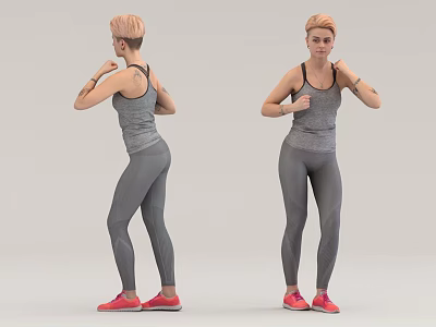 Woman In Gray Tank Top And Leggings With Tattoos Practicing Boxing Stance In Red Sneakers 3d model