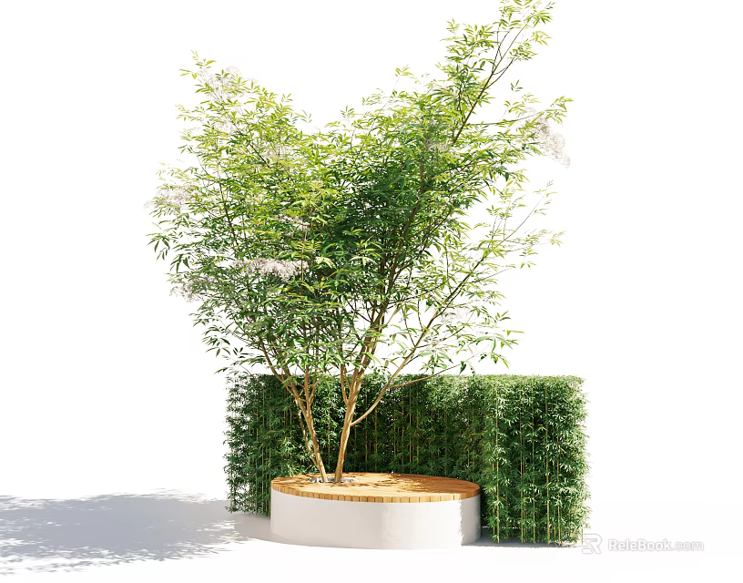 Outdoor Chair In Garden With Green Hedge Leafy Tree And White Circular Base 3d model 