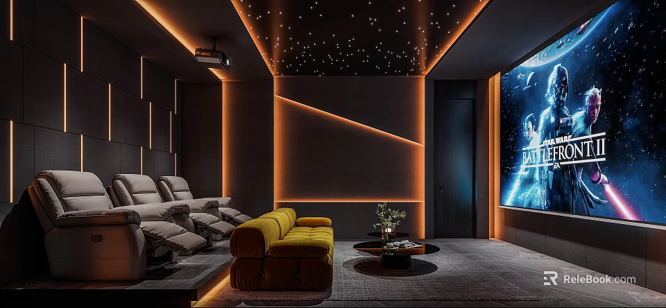 Modern Home Theater With Yellow Sofa Gray Recliners And Star Lit Ceiling 3d model