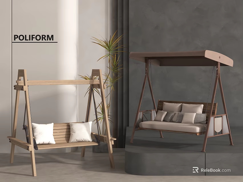 Poliform Wooden Swing Chairs With Cushions Canopy And Plant In Gray Interior 3d model 
