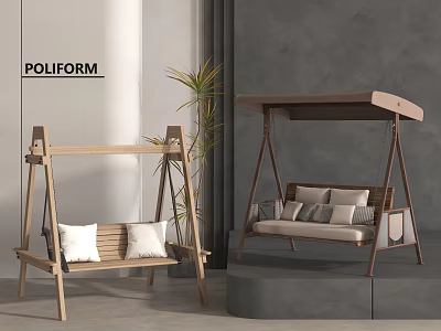Poliform Wooden Swing Chairs With Cushions Canopy And Plant In Gray Interior 3d model
