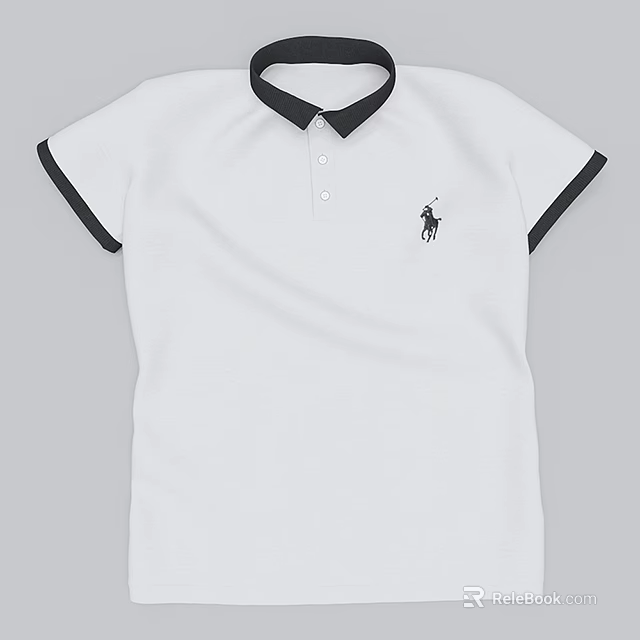 Classic White Polo Shirt With Black Collar Cuffs And Small Chest Polo Player Design 3d model 