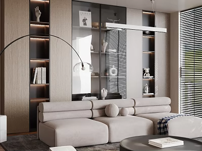 Modern Living Room Interior Design With Beige Sofa Built in Shelves And Window Blinds 3d model