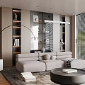 Modern Living Room Interior Design With Beige Sofa Built in Shelves And Window Blinds
