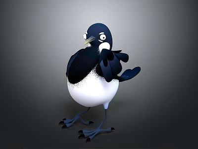 Cartoon Black And White Bird With Large Eyes Standing On Gray Background 3d model