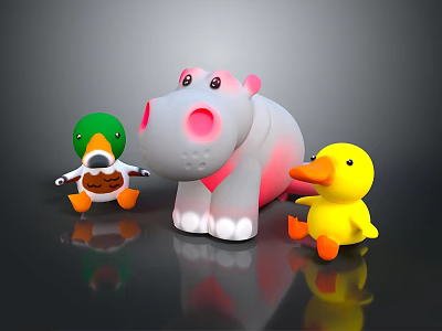Three Toy Characters Featuring Green Headed Duck Gray Hippo And Yellow Duck Together 3d model
