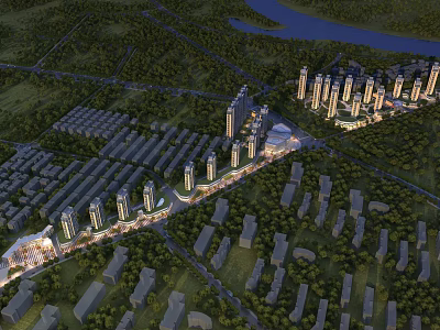Detailed Aerial View Planning of Urban Area with High rise Buildings Green Spaces and River 3d model