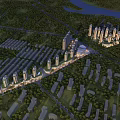 Detailed Aerial View Planning of Urban Area with High rise Buildings Green Spaces and River