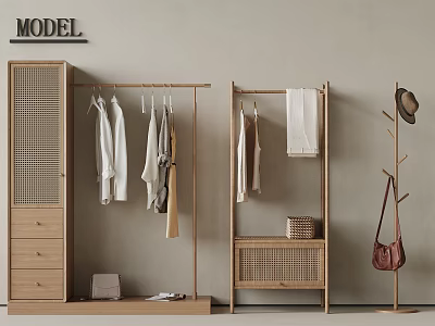 Wooden Cloakroom Storage With Rattan Design Clothes Rack Drawers And Hanging Items 3d model
