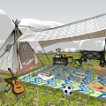 Cozy Tipi Tent For Outdoor Leisure With Canopy Picnic Blanket And Guitar On Grass