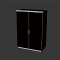 Dark Brown Double Door Cabinet With Silver Handles And White Borders On Top And Bottom