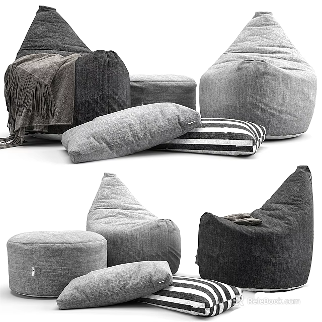 Bean Bag Chairs In Various Shapes With Neutral Tones And Stripe Cushions 3d model 