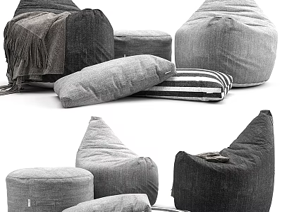 Bean Bag Chairs In Various Shapes With Neutral Tones And Stripe Cushions 3d model
