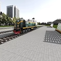 Green Train With Yellow Stripes At Urban Station Platform Near Tall Buildings And Trees