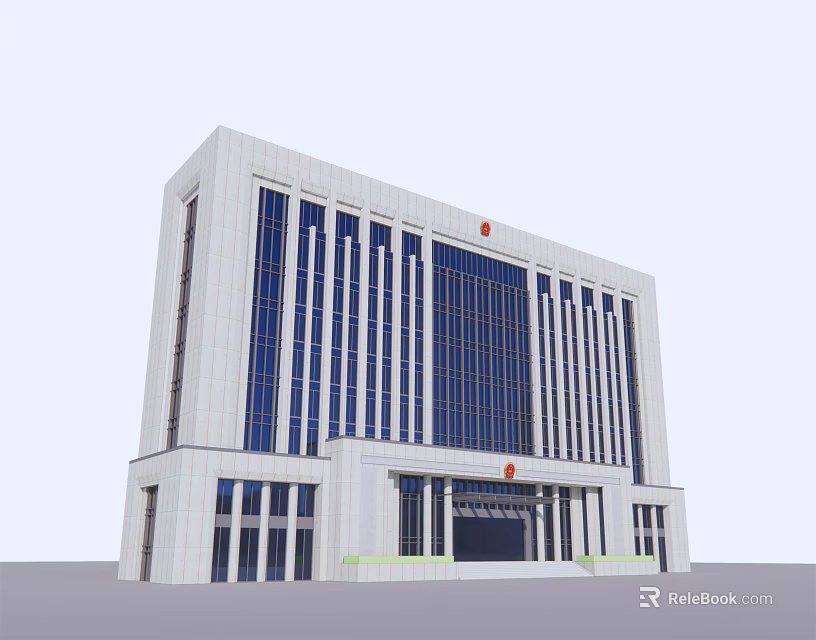 Modern Office Building With White Facade Blue Glass Windows And Red Emblem 3d model 