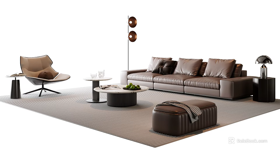 Modern Leather Sofa Coffee Table Combination With Pillows Ottoman Floor Lamp And Striped Rug 3d model 
