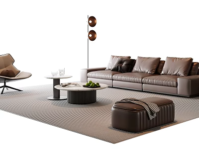 Modern Leather Sofa Coffee Table Combination With Pillows Ottoman Floor Lamp And Striped Rug 3d model