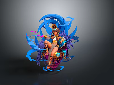 Woman Sitting On Ornate Throne With Blue Flowing Elements Decorative Outfit Headdress Purple Pink Accents 3d model