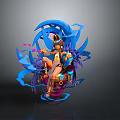 Woman Sitting On Ornate Throne With Blue Flowing Elements Decorative Outfit Headdress Purple Pink Accents