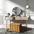 Elegant Modern Dressing Table With Round Mirror Gold Legs And Upholstered Stool 3d model