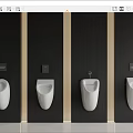 White Wall Mounted Urinals In Modern Bathroom With Dark Wood Paneling
