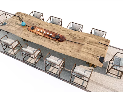 Wooden Tea Table with Tea Set and Multiple Chairs in Natural Style 3d model