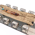 Wooden Tea Table with Tea Set and Multiple Chairs in Natural Style
