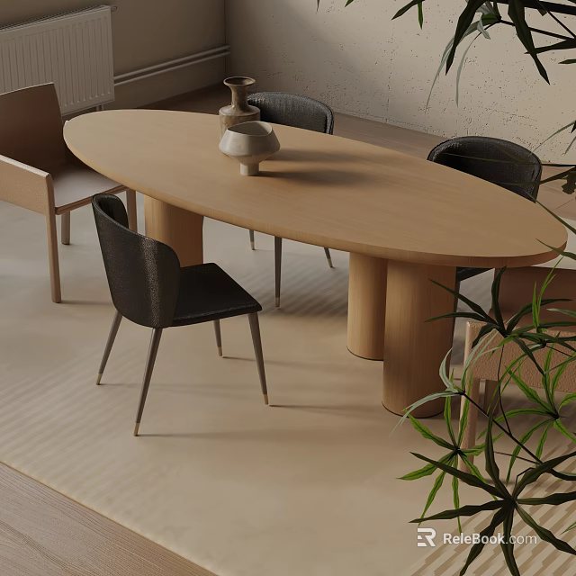 Oval Wooden Dining Table Set with Modern Black Chairs and Green Plants in Minimalist Space 3d model 