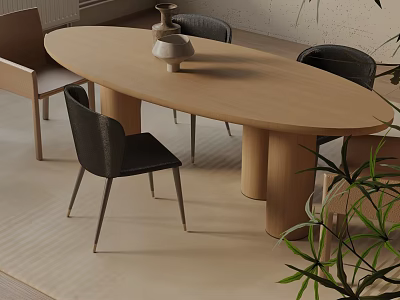 Oval Wooden Dining Table Set with Modern Black Chairs and Green Plants in Minimalist Space 3d model