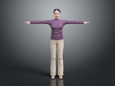 A Woman Standing With Extended Arms In Purple Sweater And Beige Pants 3d model