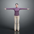 A Woman Standing With Extended Arms In Purple Sweater And Beige Pants