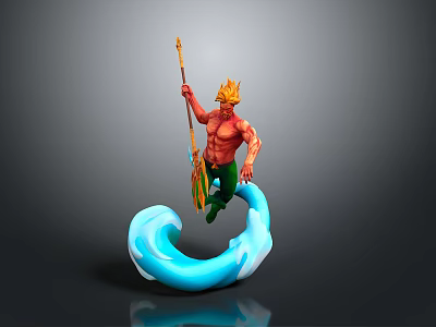 Mythical Muscular Ocean Figure With Golden Hair And Trident Riding Blue Wave Creature 3d model