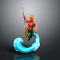Mythical Muscular Ocean Figure With Golden Hair And Trident Riding Blue Wave Creature