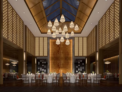 Banquet Hall Interior Design With Wooden Ceiling Chandeliers Decorative Panel Walls And Dining Tables Setup 3d model