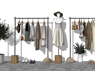 Clothing Racks with Hanging Clothes Mannequin Hat Handbags Shoes and Plants in Fashion 3d model
