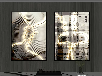Two Panel Modern Abstract Wall Art With Light Effect Hanging On Gray Wall 3d model