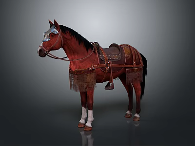 Medieval Rider With Brown Horse In Ornate Tack Saddle Bridle And White Legs 3d model