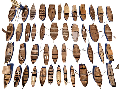 Traditional Wooden Boats Showcasing Various Handcrafted Designs Shapes And Sizes 3d model