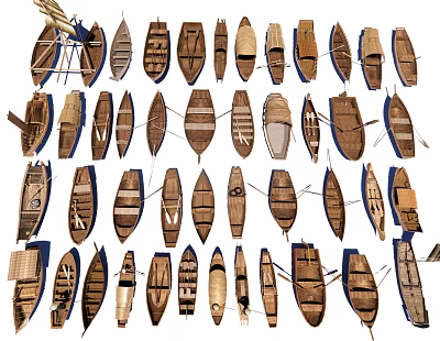 Traditional Wooden Boats Showcasing Various Handcrafted Designs Shapes And Sizes 3d model