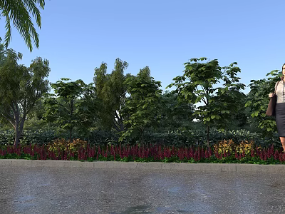 Woman standing near road with palm trees green trees flower bed and blue sky 3d model