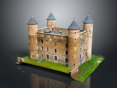 Detailed Castle Model With Gray Spires Brick Walls And Green Base 3d model