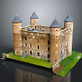 Detailed Castle Model With Gray Spires Brick Walls And Green Base 3d model