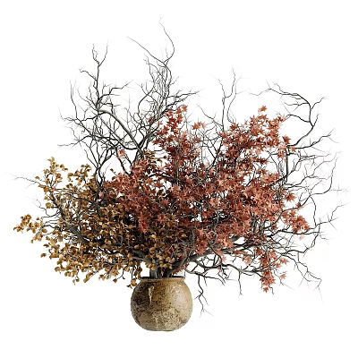 Ceramic Vase With Dried Branches And Red Gold Leaves For Home Decoration 3d model
