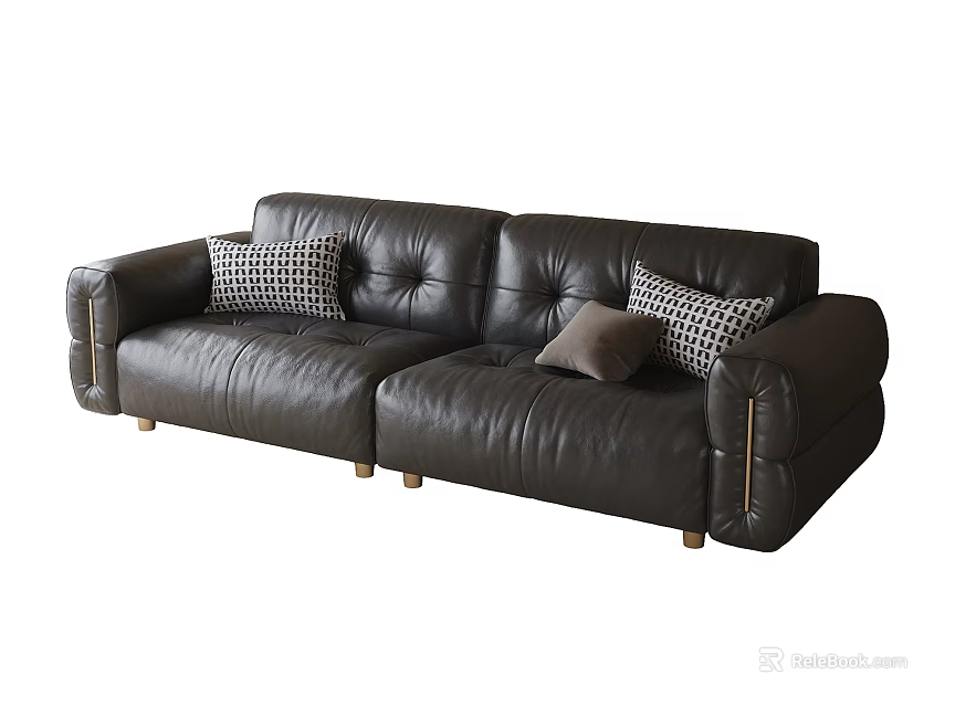 Modern Black Leather Two Seater Sofa With Stitched Design Plaid And Solid Cushions Wooden Legs 3d model 