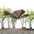 Modern Geometric Pergola With Wooden Columns Trees And Platform Base 3d model